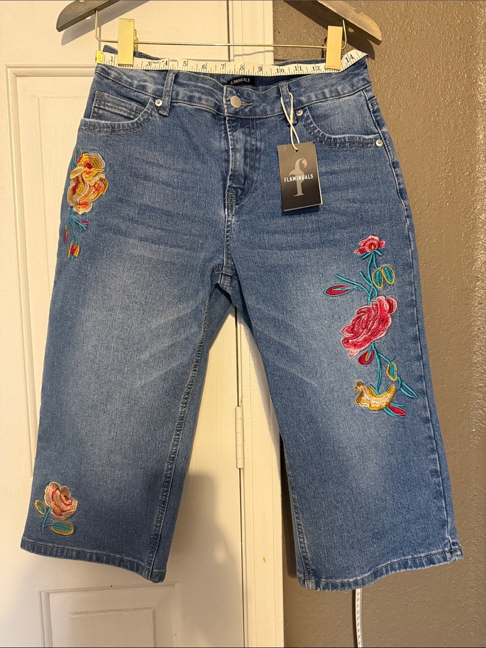 Flamingals- Women's Embroidered Blue Denim Capris